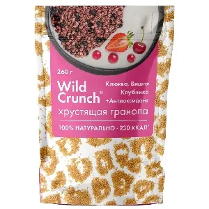 Гранола WILD CRUNCH хрустящая Клюква, Вишня, Клубника + антиоксидант /зип-пакет/ 260г*12
