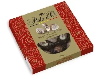 Шоколадные конфеты THE BELGIAN ракушки Perl d'Or РОЗЫ, красная кор. с окном /картон/ 195г*12