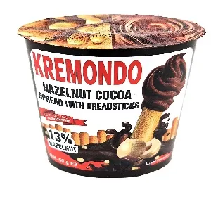 Паста KREMONDO ореховая с какао +хлебные палочки (шоубокс 55г*24шт) /пластик/ 55г*96
