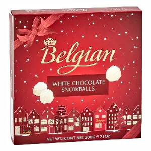 Конфеты BELGIAN Snowballs в кокосовой стружке из белого шоколада "Новогодняя коллекция", красная, НГ-дизайн /картон/ 200г*12