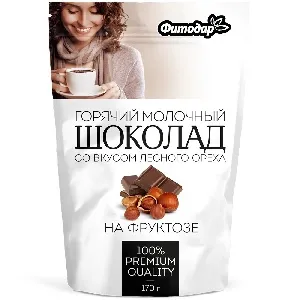 Какао-напиток ФИТОДАР "Горячий шоколад Молочный со вкусум лесного ореха" на фруктозе /дой-пак/ 170г*12
