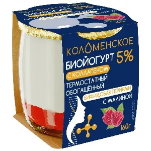 Биойогурт КОЛОМЕНСКИЙ с коллагеном термостатный, обогащённый бифидобактериями "Малина" мдж 5,0% /стекло/ 160г*4