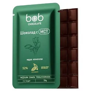 Шоколад BOB с ядрами семян конопли и маслом МСТ, БЕЗ сахара /шоубокс/ 20г*20