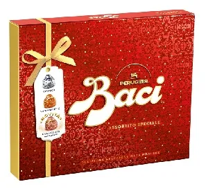 Конфеты BACI Perugina из тёмного, экстра-темного 70% и молочного шоколада с дробленым и целым фундуком, КРАСНАЯ /картон/ 250г*10