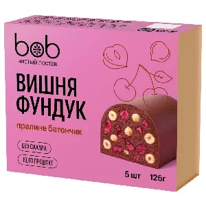 Батончик BOB неглазированный "Низкоуглеводный с вишней и фундуком" БЕЗ добавления сахара (25г*5шт) /картон/ 125г*12 Батончик BOB неглазированный "Низкоуглеводный с вишней и фундуком" БЕЗ добавления сахара (25г*5шт) /картон/ 125г*12