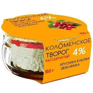 Творог КОЛОМЕНСКИЙ рассыпчатый с наполнителем "Брусника-клюква-земляника" с мдж 4,0% /стекло/ 150г"4