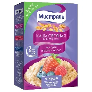 Каша МИСТРАЛЬ овсяная "Ассорти ягодных вкусов" (6 саше.*40г) /картон/ 240г*6